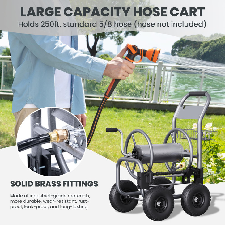 Giraffe Tools Heavy Duty Garden Hose Reel Cart with Wheels - Industrial Outdoor Hose Storage Reel, Pre-Installed Guide for 250-Feet of 5/8" Hose Capacity