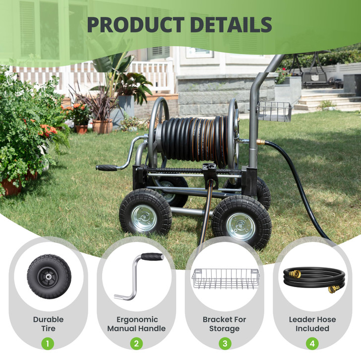 Giraffe Tools Heavy Duty Garden Hose Reel Cart with Wheels - Industrial Outdoor Hose Storage Reel, Pre-Installed Guide for 250-Feet of 5/8" Hose Capacity