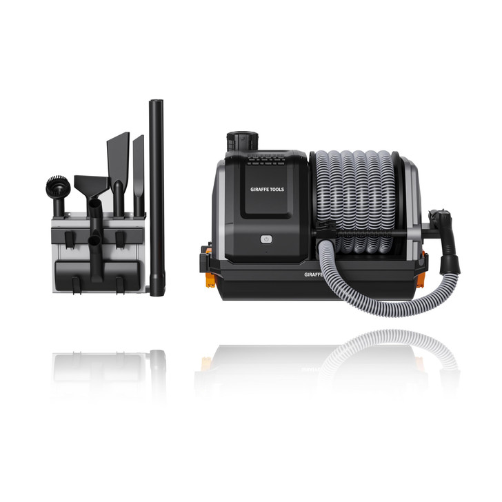 Giraffe Tools Grandstorm Retractable Vacuum with 30 FT Hose Anti-Kink, Wall-Mounted Vacuum Cleaner with 6 Nozzles for Garage Detailing Remote Control Shop Vac, Grey