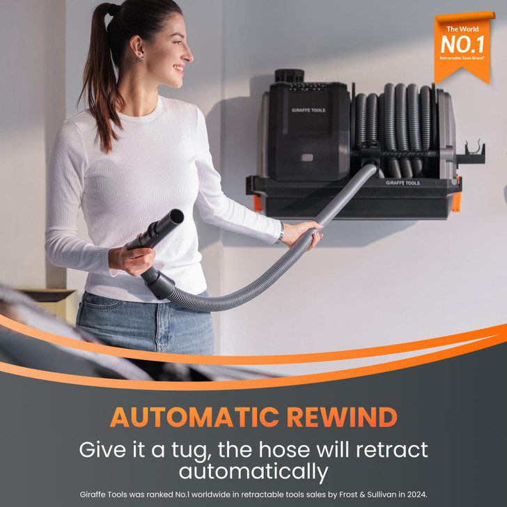 Giraffe Tools Grandstorm Retractable Vacuum with 30 FT Hose Anti-Kink, Wall-Mounted Vacuum Cleaner with 6 Nozzles for Garage Detailing Remote Control Shop Vac, Grey