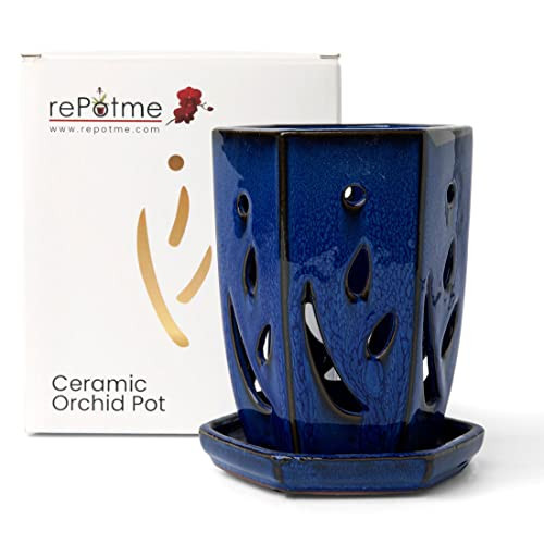 rePotme 4 x 6 inch Hexagon Ceramic Orchid Pot with Holes (Midnight