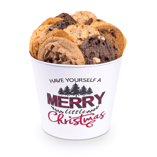 Have Yourself a Merry Bucket filled with 18 fresh-baked, individually wrapped gourmet cookies, featuring a classic holiday message on a charming keepsake bucket—perfect for Christmas gifting or festive home decor.