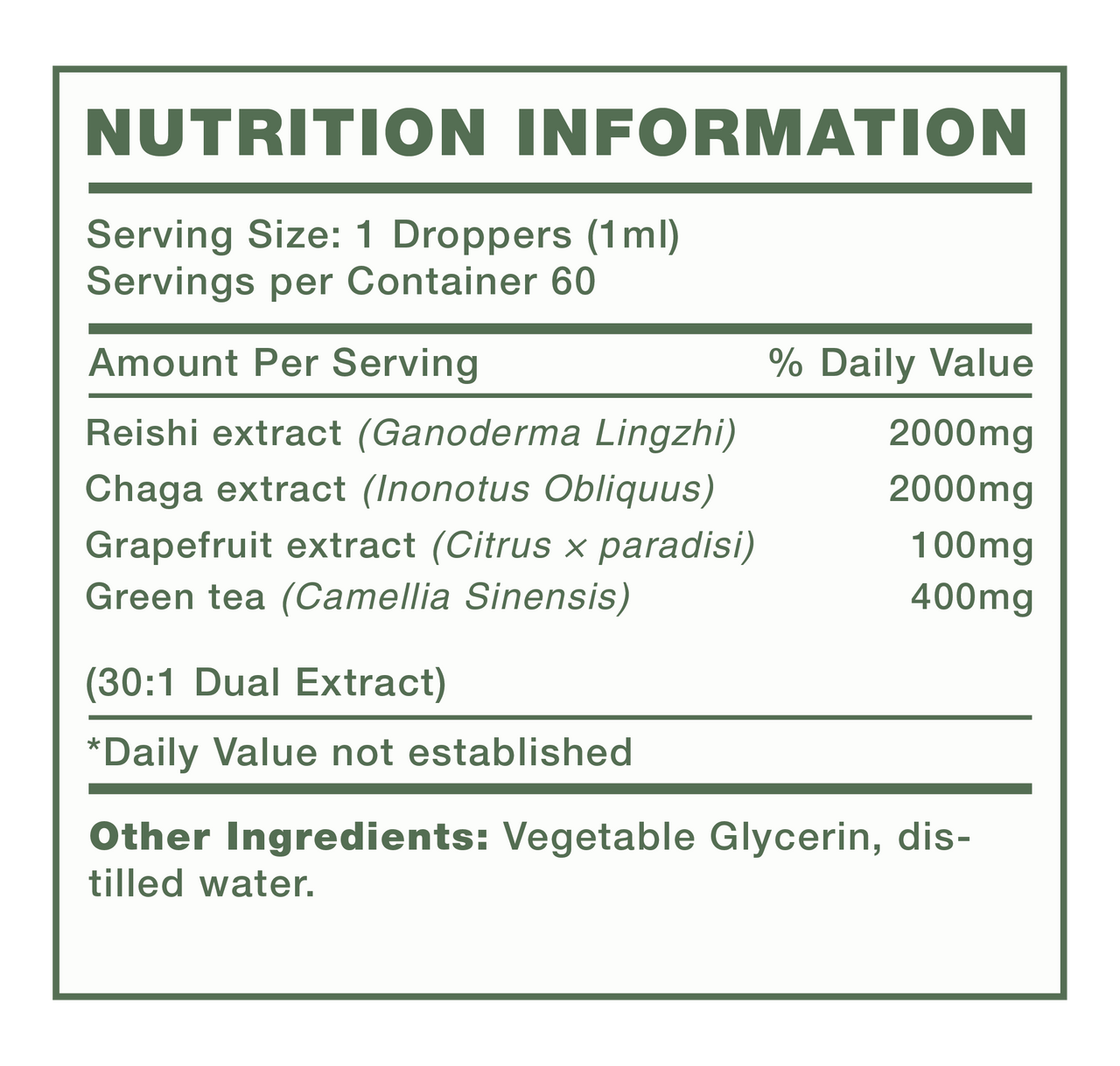 Mushify Immune Pump 60ml - Nutrition Information Panel