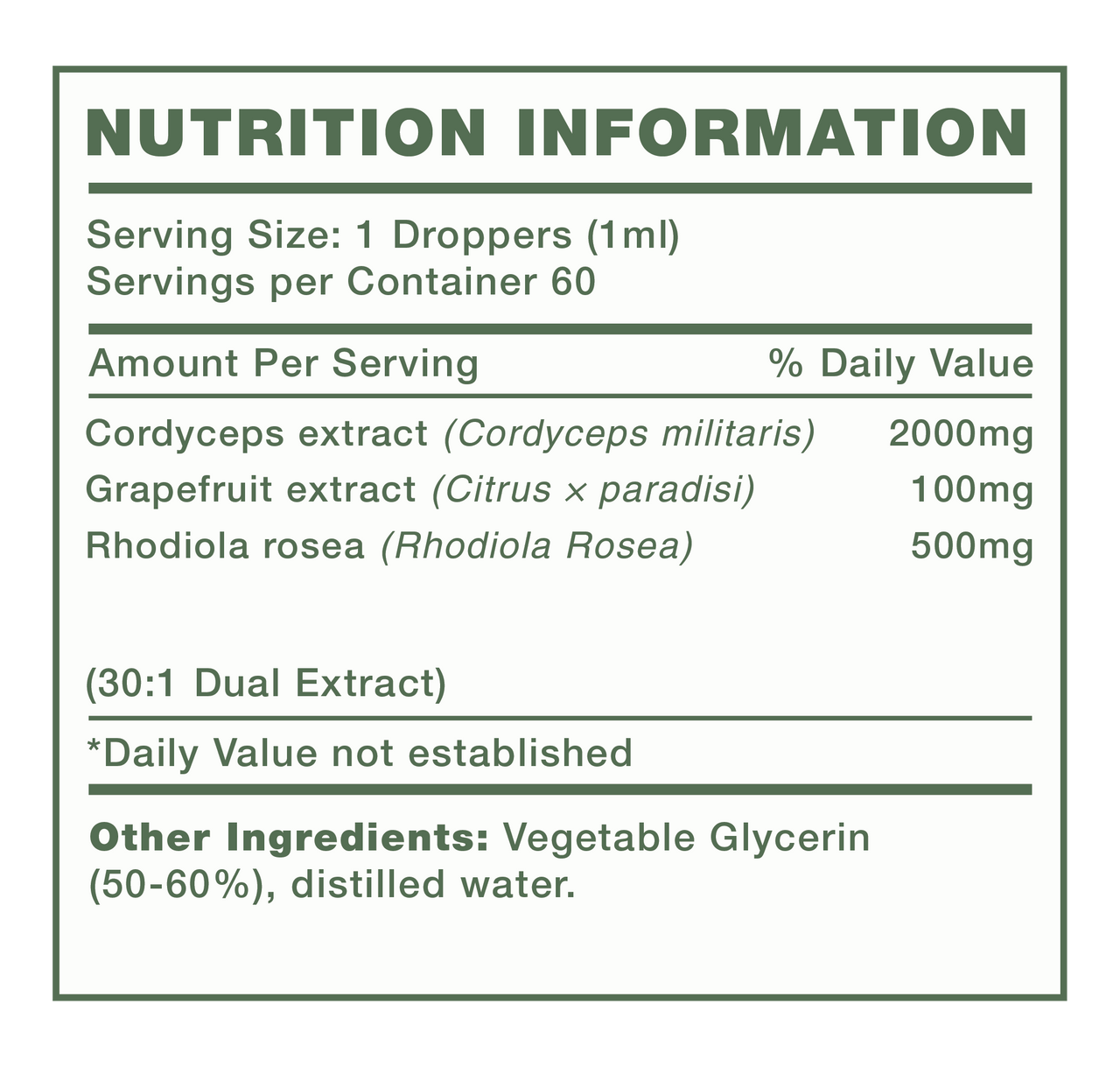 Mushify Stamina Surge 60ml - Nutrition Information Panel