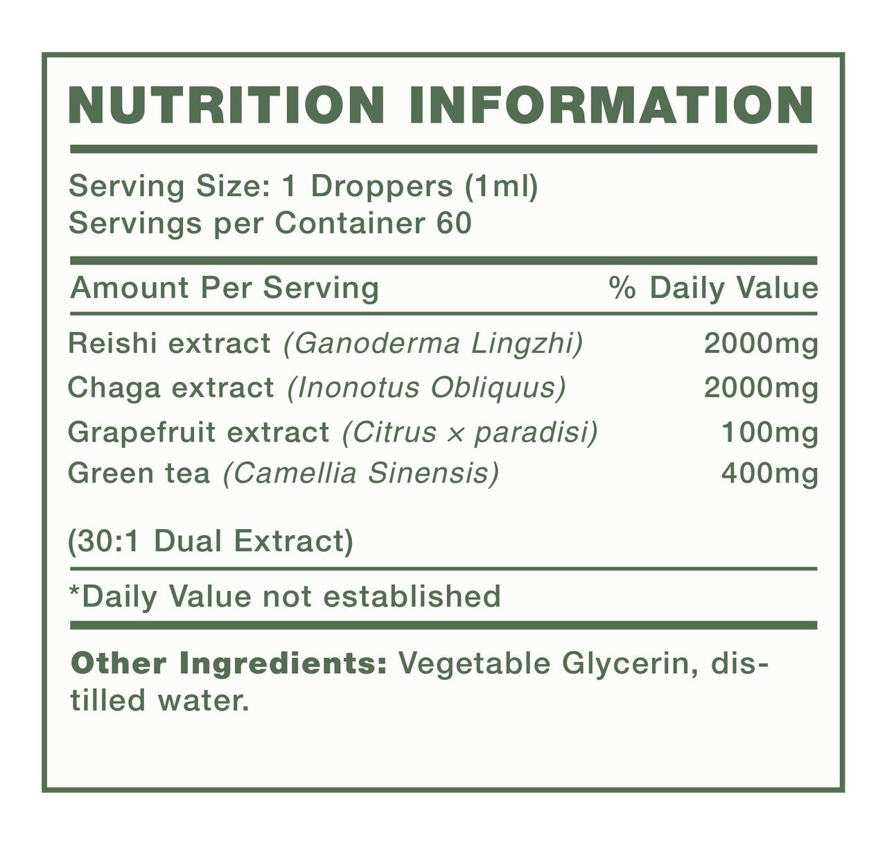 Mushify Immune Pump 60ml - Nutrition Information Panel