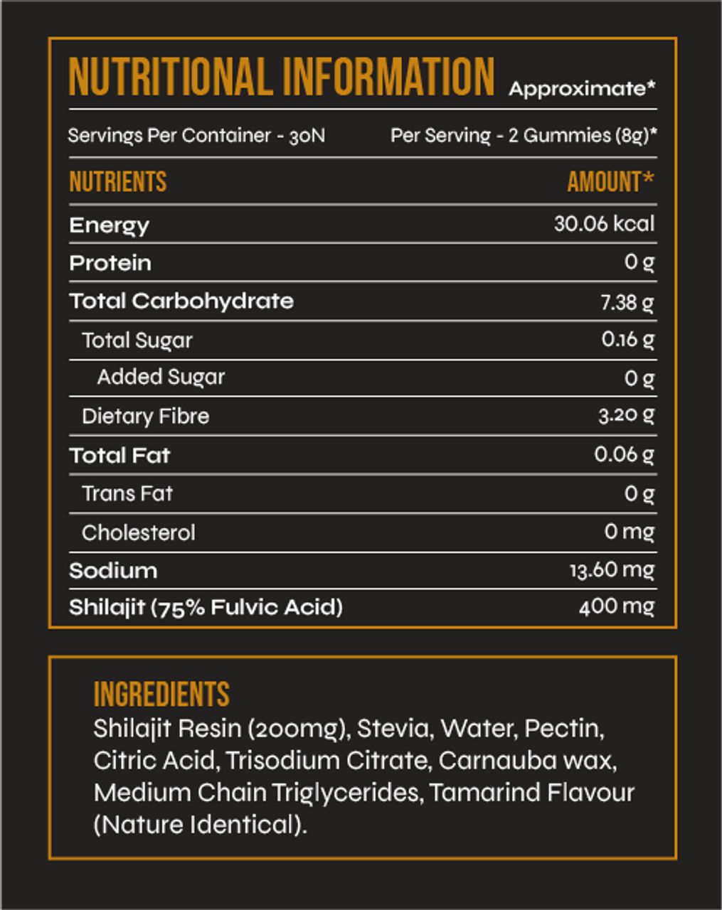 Lijit Shiajit - Shilajit Gummies - Tamarind Flavour Nutrition Information & Ingredients