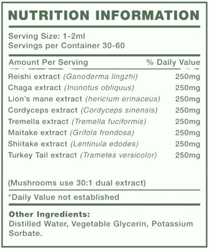 Mushify 8 Mushroom Matrix 60ml - 2 Pack - Nutrition Information Panel