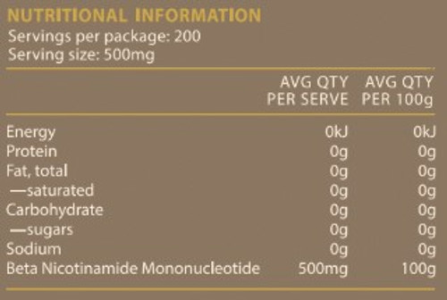 TheAgeHack NMN Powder - 100g Value Size - Nutritional Information Panel