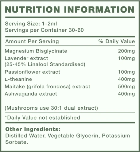 Mushify Sleep Support 60ml - Nutrition Information Panel