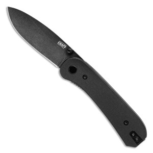 Knafs Lander in black D2 with black G-10 handle, open front view. Knafs Lander in black D2 with black G-10 handle, open front view.