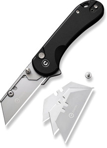 CIVIVI Elementum Utility knife fully open, front view with black aluminum handle and exposed replaceable blade plus extra blades CIVIVI Elementum Utility knife fully open, front view with black aluminum handle and exposed replaceable blade plus extra blades