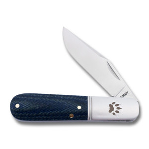 Barlow shown partially open at a 45-degree angle, highlighting blade action and the layered depth of the micarta handle. Barlow shown partially open at a 45-degree angle, highlighting blade action and the layered depth of the micarta handle.