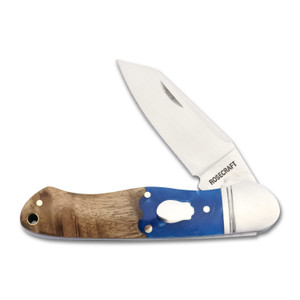 Knife partially open at 45 degrees, emphasizing the blade profile and unique mix of resin and wood in the handle. Knife partially open at 45 degrees, emphasizing the blade profile and unique mix of resin and wood in the handle.