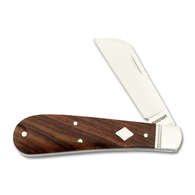 Knife shown partially open at a 45-degree angle, capturing the blade’s swedge and the warm tone of the rosewood scales.