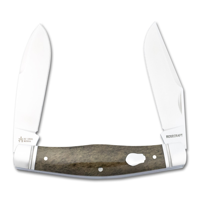 RoseCraft Mosquito Lake Moose with both D2 blades partially open, showing the clip point and spear point in a half-drawn position.