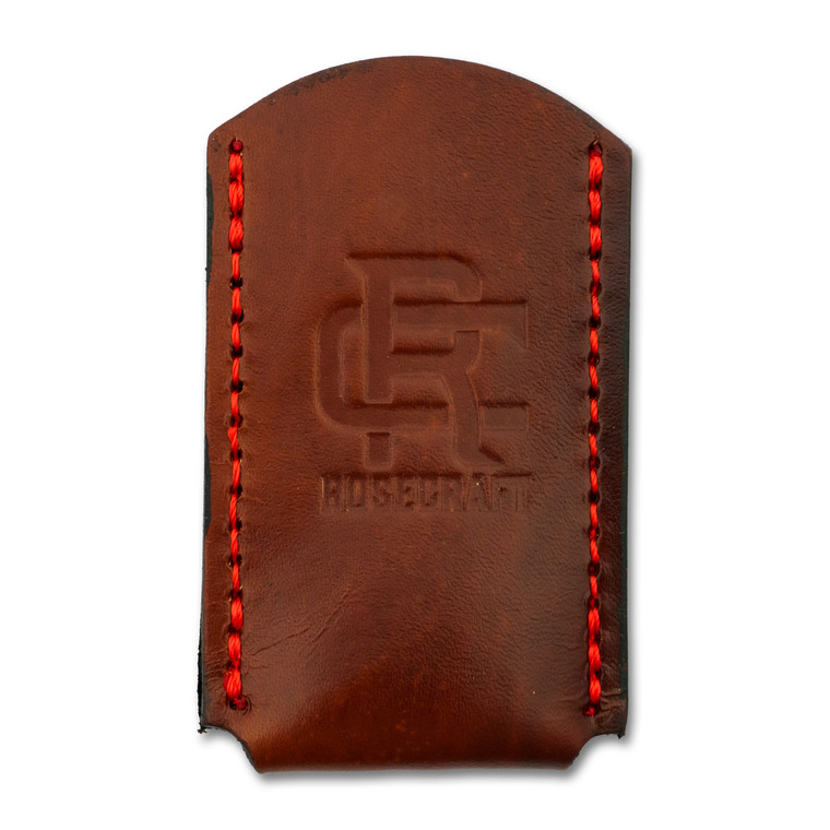 Front view of the RoseCraft Medium Knife Slip in leather, showing red stitching and embossed Locking RC logo.