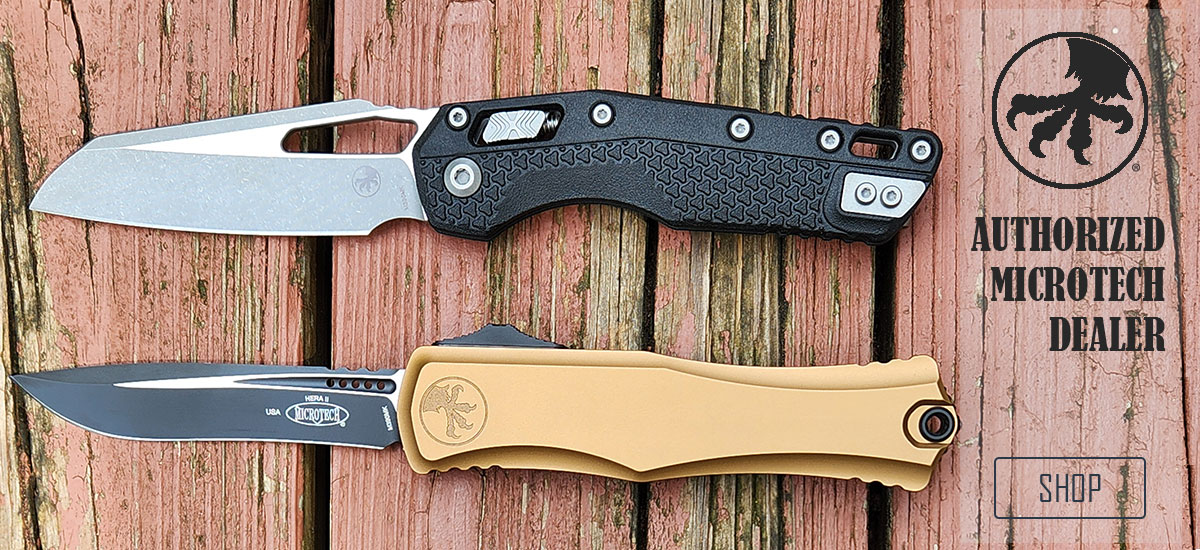 Microtech Hera II and MSI folding knives on wood background Bear and Otter Outdoors is an authorized Microtech dealer.