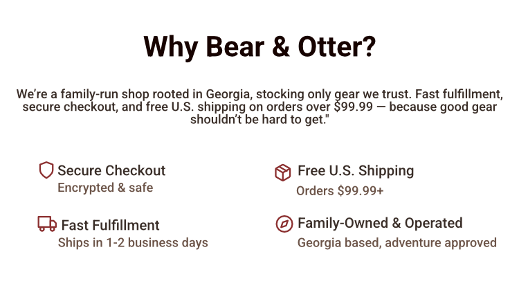 Trust badges for Bear & Otter Outdoors – secure checkout, fast fulfillment, free U.S. shipping, and family-owned business.