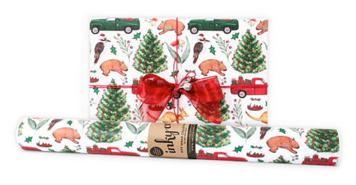 Aussie Xmas is the watercolour Australiana Christmas pattern you've been waiting for, printed on matte white wrapping paper.