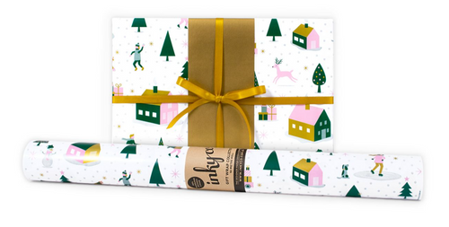 Snow Field is a gorgeous modern winter Christmas design featuring dark green, pale pink and gold metallic inks on white wrapping paper.