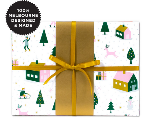 Snow Field is a gorgeous modern winter Christmas design featuring dark green, pale pink and gold metallic inks on white wrapping paper.