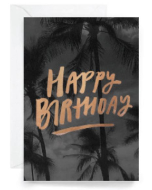 Happy Birthday gold foil typeface with black palms