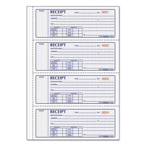 Money Receipt Book, Softcover, Three-part Carbonless, 7 X 2.75, 4 Forms/sheet, 100 Forms Total