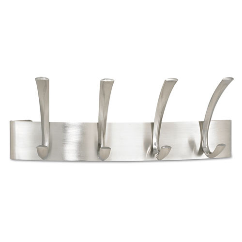 Metal Coat Rack, Wall Rack, Four Hooks, Steel, 14.25w X 4.5d X 5.25h, Brushed Nickel