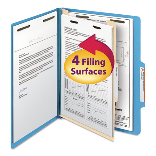 Top Tab Classification Folders, Four Safeshield Fasteners, 2" Expansion, 1 Divider, Letter Size, Blue Exterior, 10/box