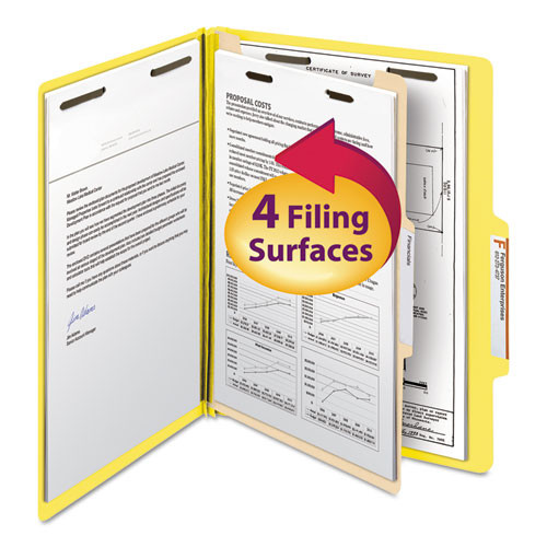 Top Tab Classification Folders, Four Safeshield Fasteners, 2" Expansion, 1 Divider, Letter Size, Yellow Exterior, 10/box