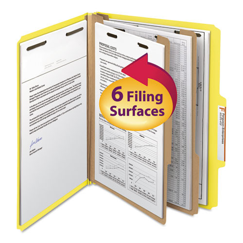 Top Tab Classification Folders, Six Safeshield Fasteners, 2" Expansion, 2 Dividers, Letter Size, Yellow Exterior, 10/box