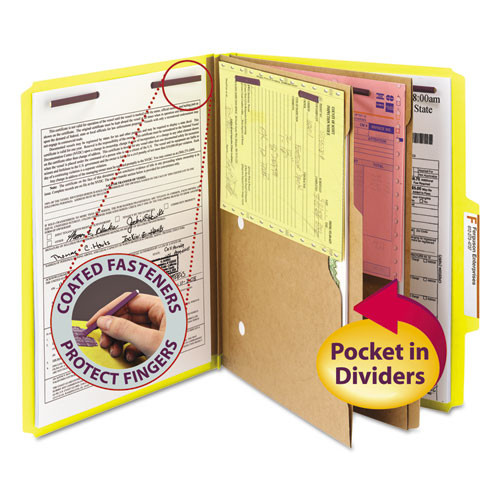 6-section Pressboard Top Tab Pocket Classification Folders, 6 Safeshield Fasteners, 2 Dividers, Letter Size, Yellow, 10/box