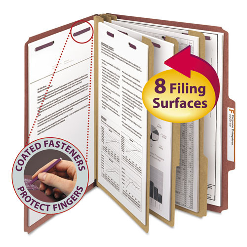 Pressboard Classification Folders, Eight Safeshield Fasteners, 2/5-cut Tabs, 3 Dividers, Letter Size, Red, 10/box