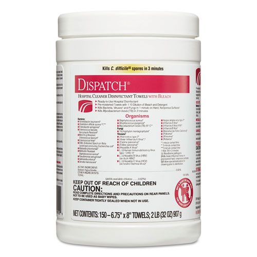 Dispatch Hospital Cleaner Disinfectant Towels With Bleach, 1-ply, 6.75 X 8, Unscented, White, 150/canister