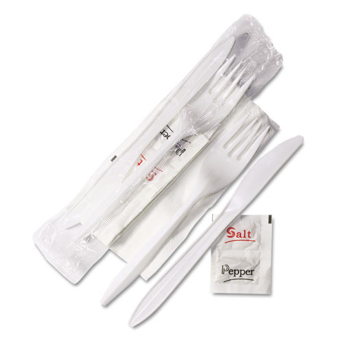 Wrapped Cutlery Kit, 6.25", Fork/knife/napkin/salt/pepper, Polypropylene, White, 500/carton