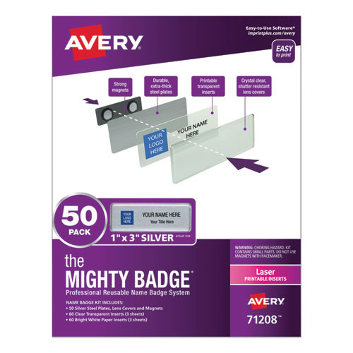 The Mighty Badge Name Badge Holder Kit, Horizontal, 3 X 1, Laser, Silver, 50 Holders/120 Inserts