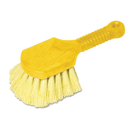 Long Handle Scrub, Yellow Synthetic Bristles, 8" Brush, 8" Gray Plastic Handle