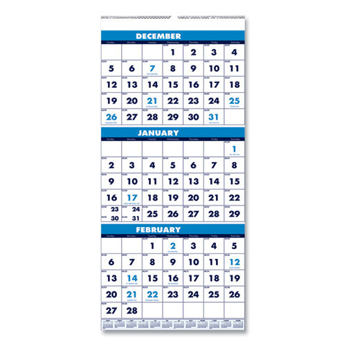 Recycled Three-month Format Wall Calendar, Vertical Orientation, 8 X 17, White Sheets, 14-month: Dec 2024 To Jan 2026