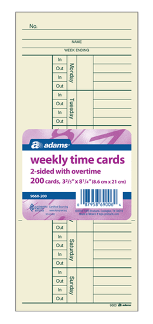 ABF9660200 Time Card, Weekly, 2-sided, with overtime, 200 CD/PK
