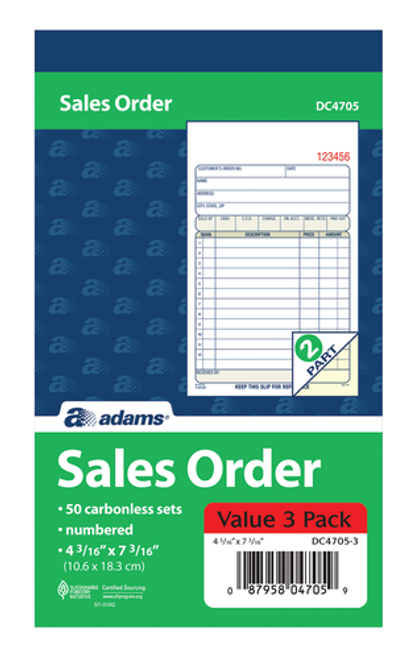 ABFDC47053 Sales Order Book, 2-Part, Carbonless, 4-3/16" x 7-3/16", 50 ST/BK, 3/PK