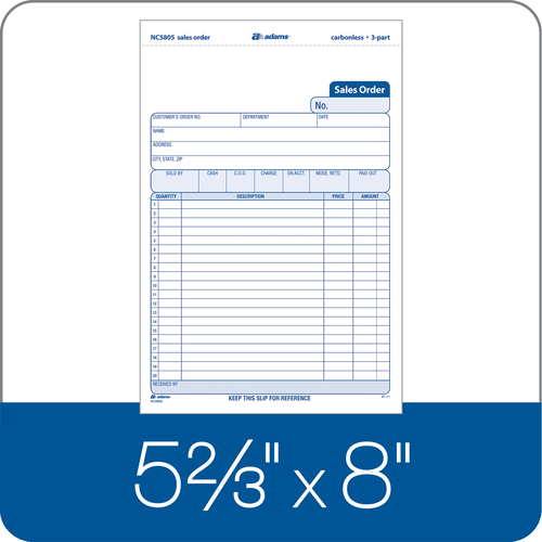 ABFNC5805 Sales Order Book, 3-Part, Carbonless, 5-2/3" x 8-1/2", 100/PK