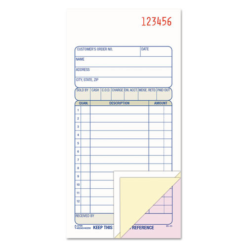 ABFTC3705 Sales Book, 3-Part, Carbonless, 3-11/32" x 7-3/16", 50 ST/BK