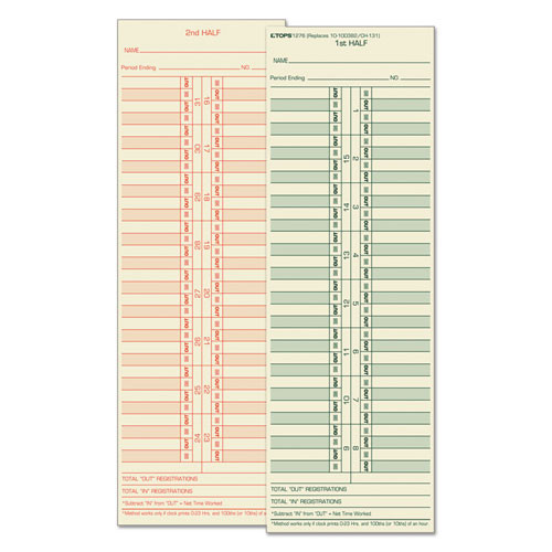 TOP1276 Time Card, semi-monthly, manila, green ink front, red back, 500 CD/BX