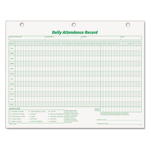 TOP3284 Daily Attendance Record, White Index, 3-Hole Punched Left, 50 SH/PK