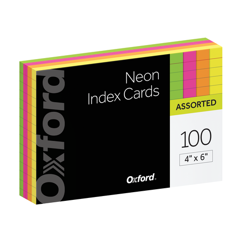 OXF99755EE Oxford® Neon Index Cards, 4" x 6", Ruled, Assorted Colors, 100 Per Pack