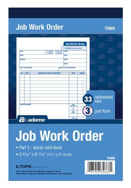 ABFT5868 BULK Job Work Order Book, 3-Part, Carbonless, 33 ST/BK ABFT5868 BULK Job Work Order Book, 3-Part, Carbonless, 33 ST/BK