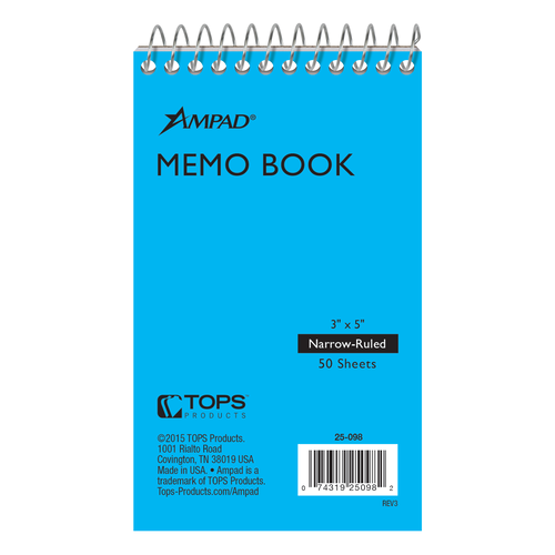 TOP25098 Ampad® Top-Bound Memo Book, 3" x 5", Narrow Rule, Neon Color Covers, 50 Sheets