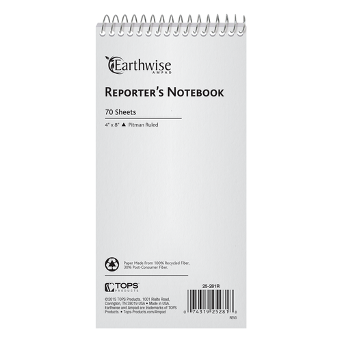 TOP25281R Earthwise® by Ampad® Recycled Reporter's Notebooks, 4" x 8", Pitman Rule, 70 Sheets, 12 Pack