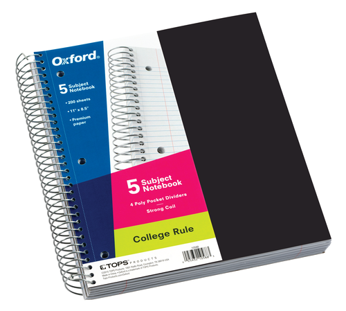 OXF10588 Oxford® 5 Subject Poly Notebook, 9" x 11", College Rule, 200 Sheets, 5 Poly Divider Pockets