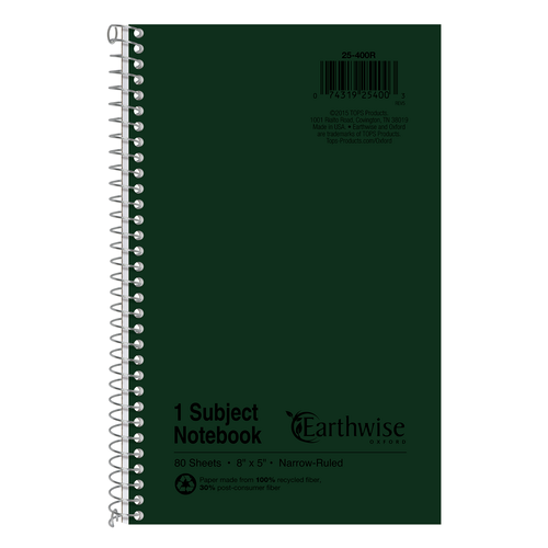 TOP25400R Earthwise® by Oxford® Recycled 1-Subject Notebook, 5" x 8", Narrow Rule, Green Cover, 80 Sheets